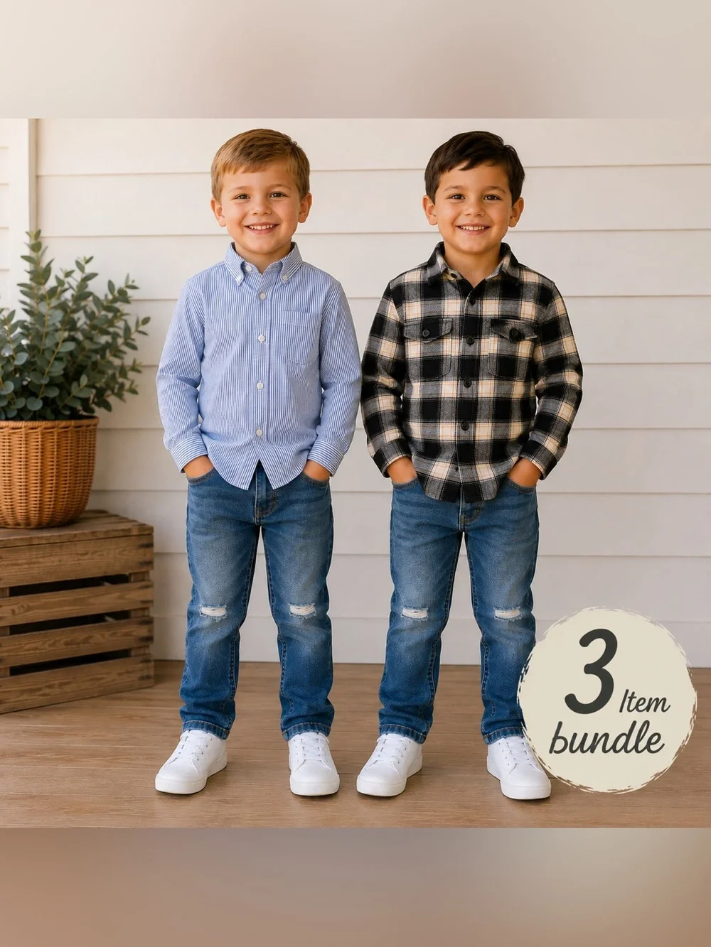 Bundle of 3 Slim Jeans, Blue Pinstripe Button-Down Shirt, Old Navy Plaid Shirt